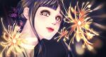  1girl black_background black_hair blunt_bangs bug butterfly butterfly_hair_ornament fireworks glowing hair_ornament highres long_hair looking_at_viewer original portrait purple_butterfly senkou_hanabi snails0106 solo sparkler 