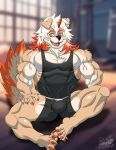  absurd_res anthro arknights asian_mythology blue_dingolf bottomwear canid canine claws clothing east_asian_mythology feet foo_dog gym gym_clothing hair hi_res horn hung_(arknights) hypergryph japanese_mythology komainu long_hair male mammal muscular muscular_anthro muscular_male mythology nipples on_ground open_mouth shirt shorts sitting smile solo studio_montagne tail tank_top toes topwear video_games yellow_eyes yokai 