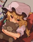  1girl blonde_hair bow covering_mouth crystal flandre_scarlet frilled_skirt frilled_sleeves frills grey_background hair_between_eyes hat hat_bow highres holding holding_stuffed_toy looking_at_viewer medium_hair mob_cap multicolored_wings one_side_up pointy_ears puffy_short_sleeves puffy_sleeves red_bow red_eyes red_ribbon red_skirt ribbon ribbon-trimmed_headwear ribbon_trim shirt short_sleeves signature simple_background skirt solo stuffed_animal stuffed_toy take_no_ko_(4919400) teddy_bear touhou white_headwear white_shirt wings 