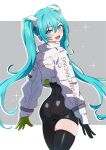  1girl :d aqua_eyes aqua_hair ass asymmetrical_gloves black_bodysuit black_gloves blush bodysuit bodysuit_under_clothes cowboy_shot crop_top from_behind gloves green_gloves grey_background hatsune_miku highres kamidan long_hair long_sleeves looking_at_viewer looking_back mismatched_gloves open_mouth racing_miku single_thighhigh skindentation smile solo sparkle thighhighs twintails two-tone_background very_long_hair vocaloid white_background 