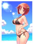  1girl azure_striker_gunvolt azure_striker_gunvolt_2 bikini black_bikini blue_sky blunt_ends bob_cut breasts closed_mouth cloud cloudy_sky cougar_(cougar1404) cowboy_shot day from_side groin hair_ornament halterneck horizon large_breasts lens_flare light_frown navel nowa_(gunvolt) ocean outdoors red_eyes red_hair short_hair side-tie_bikini_bottom sky solo sun swimsuit untying 