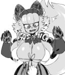  anthro bell big_breasts blush blush_lines bodily_fluids bouncing_breasts bra breasts catmaid_(cibastion) cibastion clothing domestic_cat fangs felid feline felis female huge_breasts looking_at_breasts looking_down maid_headdress mammal monochrome motion_blur motion_lines open_mouth simple_background solo sound_effects sweat tail teeth text underwear wide_hips 