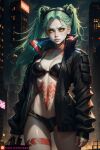  bikini black_bikini black_jacket black_underwear city city_lights cyberpunk_(series) cyberpunk_edgerunners fire green_hair highres jacket milky_nipple night rebecca_(cyberpunk) swimsuit tattoo underwear yellow_eyes 