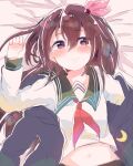  1girl bed_sheet black_cardigan blush brown_hair cardigan closed_mouth crescent crescent_pin green_sailor_collar hair_between_eyes hair_ornament itomugi-kun kantai_collection kisaragi_(kancolle) kisaragi_kai_ni_(kancolle) long_hair long_sleeves navel neckerchief purple_eyes red_neckerchief sailor_collar school_uniform serafuku solo upper_body 