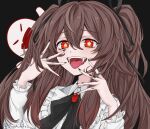  1girl absurdres black_background black_ribbon boo_tao_(genshin_impact) brown_hair collared_shirt fangs flower-shaped_pupils frilled_shirt frills gem genshin_impact ghost hair_ribbon hands_up highres hu_tao_(genshin_impact) jewelry long_sleeves looking_at_viewer multiple_rings neck_ribbon open_mouth portrait red_gemstone ribbon ring shirt shockwhite3 simple_background solo symbol-shaped_pupils teeth thumb_ring tongue tongue_out twintails twitter_username white_shirt 