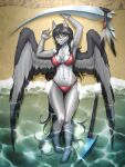  2023 absurd_res anthro beach bikini black_hair breasts butt_from_the_front chest_tuft clothing collarbone equid equine eyebrow_through_hair eyebrows eyelashes fan_character feathered_wings feathers feet female fur glistening glistening_body glistening_breasts glistening_thighs grey_body grey_fur hair hasbro hi_res humanoid_feet inner_ear_fluff long_hair lying mammal melee_weapon my_little_pony mykegreywolf navel on_back pegasus plantigrade polearm red_bikini red_clothing red_eyes red_swimwear scythe seaside solo swimwear thigh_gap translucent translucent_hair tuft water weapon wings 