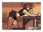  anthro biped border brown_body brown_hair bulge clothed clothing detailed_background felid gradientkey hair leo_(gradientkey) lion looking_at_viewer male mammal pantherine side_view smile solo white_border 
