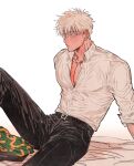  1boy absurdres belt belt_buckle black_belt black_pants blue_eyes buckle closed_mouth collared_shirt cropped_legs gojou_satoru highres jujutsu_kaisen large_pectorals looking_to_the_side male_focus open_clothes open_shirt pants pectoral_cleavage pectorals prds_1224 shirt short_hair sitting sleeves_rolled_up white_background white_hair white_shirt 