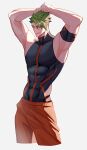  1boy abs absurdres achilles_(fate) armpits arms_up black_shirt brown_eyes cropped_legs detached_sleeves fate/grand_order fate_(series) grey_hair grin haruakira highres looking_at_viewer male_focus mature_male muscular muscular_male orange_pants pants shirt simple_background single_detached_sleeve sleeveless sleeveless_shirt smile solo undercut white_background 