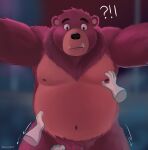  2023 anthro bear belly black_nose brown_body brown_fur exclamation_point fur genitals hi_res humanoid_hands male mammal moobs navel nipples overweight overweight_male penis question_mark solo_focus surprise warmbrr 