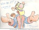  2006 anthro big_nose clothing coat colored cooner dialogue disney english_text felid graphite_(artwork) male mammal markings musical_note orange_body pantherine pencil_(artwork) plushie smile striped_body striped_markings striped_tail stripes tail tail_markings text tiger tigger toony topwear traditional_media_(artwork) url winnie_the_pooh_(franchise) 