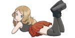  1girl blonde_hair blue_eyes breasts closed_mouth full_body highres long_hair looking_at_viewer lying on_stomach perokolovescoke pokemon pokemon_(game) pokemon_xy red_skirt serena_(pokemon) shirt simple_background skirt sleeveless sleeveless_shirt smile solo the_pose thighhighs white_background 