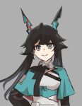  1girl arknights arknights:_endfield astrograph21 black_hair blush breasts chen_qianyu_(arknights) dragon_girl dragon_horns grey_background grey_eyes horns long_hair looking_at_viewer simple_background smile solo twintails upper_body 