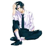  1boy bandaged_head bandages black_eyes black_hair black_pants chrollo_lucilfer earrings expressionless full_body hand_on_own_head highres hunter_x_hunter isn_000 jewelry leg_up long_sleeves looking_at_viewer male_focus necktie pants pants_rolled_up shirt short_hair simple_background sitting sleeves_rolled_up socks solo white_background white_shirt white_socks 