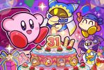  anniversary armor artist_request balloon bandana bandana_waddle_dee bat_wings blue_bandana blush_stickers box cake candle closed_eyes colored_skin commentary_request disembodied_limb drooling food fruit gift gift_box king_dedede kirby kirby_(series) magolor mask meta_knight no_humans official_art one_eye_closed pauldrons pink_skin pom_pom_(clothes) shoulder_armor smile solid_oval_eyes star_(symbol) strawberry string_of_flags wings yellow_eyes 