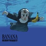  1girl banana black_dress brown_hair diva_(hyxpk) dress food froggy_nun_(diva) fruit highres little_nuns_(diva) nirvana_(band) nun open_mouth parody solo string swimming traditional_nun underwear 