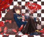  1boy 2021 arbr_3 black_background black_footwear black_pants blue_jacket boots brown_hair character_name checkered_background crown ensemble_stars! happy_birthday jacket large_teddy_bear long_sleeves looking_at_viewer male_focus mini_crown multicolored_background pants red_eyes red_sash sakuma_ritsu sash short_hair solo white_background 