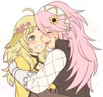  2girls ahoge blonde_hair blush fire_emblem fire_emblem_fates flower gambeson gloves grey_eyes hair_flower hair_ornament hairband haniwa_(8241427) hug long_hair long_sleeves multiple_girls open_mouth ophelia_(fire_emblem) pink_hair soleil_(fire_emblem) teeth upper_body upper_teeth_only white_gloves yuri 