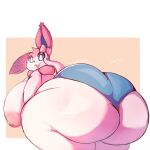  1:1 2023 anthro areola big_breasts big_butt biped bottomwear breasts butt clothed clothing digital_media_(artwork) eeveelution female generation_6_pokemon hi_res huge_breasts huge_butt hyper hyper_breasts hyper_butt lightmizano looking_at_viewer looking_back looking_back_at_viewer mostly_nude nintendo nipples pokemon pokemon_(species) rear_view simple_background solo sylveon thick_thighs topless underwear wide_hips 