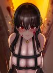  1girl absurdres bare_shoulders black_dress black_hair blood blood_on_face blush breasts cleavage dress gloves gold_hairband hairband highres large_breasts long_hair looking_at_viewer red_eyes sidelocks smile solo spy_x_family yor_briar 