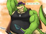  2023 alligator alligatorid anthro blush brok_(character) brok_the_investigator clothing crocodilian dialogue english_text friendly25 green_body hat headgear headwear hi_res humanoid_hands magnifying_glass male musclegut reptile scalie shirt solo text topwear 