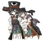  2others androgynous artist_request black_eyes black_hair brown_hair clinging closed_eyes detached_sleeves enraku_tsubakura hakama hakama_short_skirt hakama_skirt hat highres japanese_clothes kuzu_suzumi large_hat len&#039;en multiple_others red_ribbon ribbon scarf short_hair skirt sleeveless_coat smile top_hat turban white_sleeves wide_sleeves 