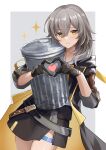  1girl black_gloves blush commentary_request cowboy_shot gloves grey_hair heart heart_hands highres holding honkai:_star_rail honkai_(series) looking_at_viewer medium_hair mon-chan solo standing thigh_strap thighs trash_can yellow_eyes 