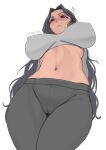  1girl absurdres anger_vein artist_name black_hair blush breasts cameltoe covered_nipples from_below highres large_breasts long_hair mole mole_under_eye myth1carts navel nijisanji nijisanji_en pants perspective red_eyes scarle_yonaguni thick_thighs thigh_focus thighs very_long_hair virtual_youtuber yoga_pants 