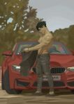  absurdres alternate_body_size black_footwear black_hair black_pants blue_sky haikyuu!! highres kuroo_tetsurou male_focus muscular muscular_male pants photo-referenced red_car simonsuke sky sunglasses tight_clothes tight_pants tree undressing 