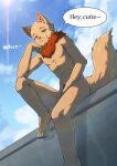  anthro blue_sky closed_smile cloud day english_text fur glistening glistening_eyes green_eyes hi_res looking_at_viewer male mouth_closed nude orange_body orange_fur papayafurry sitting sky solo speech_bubble text whiskers 