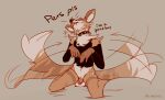  2023 anthro balls biped blep bottomless bottomless_anthro bottomless_male brown_body brown_fur canid canine canis cantio_(lawyerdog) clothed clothing collar coyote digital_media_(artwork) dipstick_tail english_text eyes_closed fangs flaccid foreskin fur genitals good_boy grey_background hi_res humanoid_genitalia humanoid_penis kneeling lawyerdog male mammal markings multicolored_body multicolored_fur penis shoulderless_shirt simple_background smile solo spiked_collar spikes tail tail_markings tail_motion tailwag tan_body tan_fur teeth text tongue tongue_out white_balls white_body white_fur 