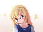  1girl animal_print blonde_hair blue-framed_eyewear blue_eyes blue_shirt blush braid close-up closed_mouth collarbone commentary_request eyelashes fish_print floral_background furrowed_brow glasses hair_between_eyes head_tilt heterochromia light_particles long_hair looking_at_viewer low_twintails nakatsu_shizuru polka_dot polka_dot_background rewrite semi-rimless_eyewear shirt sidelighting simple_background smile solo straight-on tagame_(tagamecat) twin_braids twintails white_background yellow_eyes 