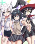  3girls absurdres black_cloak black_hair black_headwear black_skirt blue_eyes breasts bright_pupils brown_sweater_vest cleavage cloak closed_mouth collarbone collared_shirt commentary cosplay cowboy_shot ebora emblem english_commentary green_eyes grey_skirt hand_on_own_hip hand_on_own_thigh hat heterochromia highres horns index_finger_raised large_breasts long_hair looking_at_viewer medium_hair multiple_girls original othinus othinus_(cosplay) school_emblem school_uniform shirt short_sleeves single_horn skirt slit_pupils smile spiked_hair standing summer_uniform sweater_vest thigh_gap toaru_majutsu_no_index toaru_majutsu_no_index:_new_testament tokiwadai_school_uniform white_hair white_horns white_pupils white_shirt witch_hat yellow_eyes 