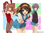  3girls animal_ears asahina_mikuru bare_shoulders bow bowtie breasts brown_eyes brown_hair brown_pantyhose collarbone covered_navel detached_collar dot_nose fake_animal_ears feet_out_of_frame floating_hair hands_up highres isshi_pyuma kita_high_school_uniform leotard long_hair looking_at_viewer medium_breasts mole mole_on_breast multiple_girls nagato_yuki open_mouth pantyhose playboy_bunny rabbit_ears red_bow red_bowtie red_leotard school_uniform sidelocks smile standing straight_hair strapless strapless_leotard suzumiya_haruhi suzumiya_haruhi_no_yuuutsu swept_bangs twitter_username w_arms wrist_cuffs 