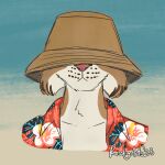  1:1 2023 aloha_shirt anthro bucket_hat clothing countershade_face countershade_torso countershading covered_eyes felid feline hat headgear headwear hi_res humanoid lynx male mammal pattern_clothing pattern_shirt pattern_topwear ricky_arts shirt solo solo_focus topwear 