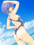  1girl arm_up ass ayanami_rei back_cutout backless_swimsuit bare_arms bare_shoulders blue_hair blue_one-piece_swimsuit blue_sky breasts clothing_cutout cloud cowboy_shot day dutch_angle flat_ass hair_between_eyes hand_on_own_hip highres light_blue_hair mizumori_keiichi neon_genesis_evangelion ocean one-piece_swimsuit outdoors red_eyes short_hair sky small_breasts solo swimsuit water 