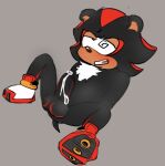  anthro balls big_balls blushing_profusely bodily_fluids eddyss genital_fluids genitals glistening glistening_body glistening_skin hands_behind_back leaking_precum male penis precum sega shadow_the_hedgehog solo sonic_the_hedgehog_(series) spread_legs spreading 