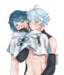  +_+ 2boys black_gloves blue_eyes blue_hair blush chinese_clothes chongyun_(genshin_impact) chongyun_(genshin_impact)_(cosplay) clothes_lift cloudylila cosplay genshin_impact gloves guilty_challenge_(meme) hair_between_eyes highres meme multiple_boys navel shirt_lift short_hair stomach white_hood xingqiu_(genshin_impact) yaoi 