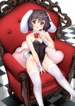  1girl :3 animal_ears black_leotard bow bowtie breasts chair checkered_floor cleavage commentary_request detached_collar feet_out_of_frame hataraki_kuma heart heart_pillow inaba_tewi leotard medium_breasts pillow playboy_bunny rabbit_ears rabbit_tail red_bow red_bowtie smile solo strapless strapless_leotard tail thighhighs touhou white_thighhighs wrist_cuffs 