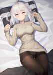  1girl 3: absurdres ahoge ass_visible_through_thighs bed_sheet breasts brown_pantyhose cameltoe closed_mouth commission crotch_seam daydream_(zhdkffk21) dress grey_eyes grey_sweater hands_up highres knee_up large_breasts long_sleeves looking_at_viewer lying medium_hair on_back on_bed original panties panties_under_pantyhose pantyhose pillow ribbed_sweater solo sweater sweater_dress thighband_pantyhose thighs turtleneck turtleneck_sweater underwear white_hair 