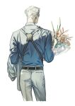  1boy ass back belt blonde_hair blue_shirt bouquet brown_belt collared_shirt cowboy_shot flower flower_request from_behind grey_pants highres holding holding_bouquet jacket jujutsu_kaisen long_sleeves male_focus nanami_kento pants shirt short_hair solo undercut unworn_jacket w55674570w 