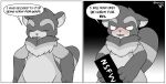  anthro blush canid canine censor_bar censored censored_genitalia comic dialogue hi_res humor kalen_(xenoyia) male mammal meme procyonid raccoon raccoon_dog solo tanuki xenoyia_(artist) 