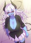  1girl alternate_costume aohada_bocchi black_footwear black_horns black_sclera black_tail blue_skin breasts buttons cleavage colored_sclera colored_skin commentary_request curvy demon_girl demon_horns demon_tail floor highres horns huge_breasts long_hair looking_at_viewer pointy_ears red_eyes ruri_(aohada_bocchi) sharp_teeth skirt sleeves_rolled_up slit_pupils smile stairs stairwell tail teeth thighhighs thighs white_hair white_skirt zyugoya 