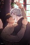  2boys absurdres brown_hair closed_mouth highres ilay_riegrow jeong_taeui male_focus mistletoe multiple_boys o_ssion single_arm_hug smile sweater white_hair yaoi 