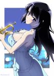  1girl alternate_breast_size black_hair blue_dress border breasts closed_mouth commentary_request dress frilled_dress frills from_side hibike!_euphonium highres holding holding_instrument instrument kousaka_reina large_breasts long_hair looking_at_viewer looking_to_the_side mattari_yufi purple_eyes solo spaghetti_strap strap_gap trumpet white_border 