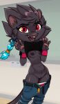  anthro areola biped black_body black_fur breasts clairen_(rivals_of_aether) clothing felid female flashing fur genitals hi_res looking_at_viewer mammal nipples pantherine pawpads pussy red_eyes rivals_of_aether siroc solo 