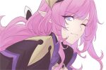  1girl ;) amyucheu closed_mouth elf elysia_(honkai_impact) elysia_(miss_pink_elf)_(honkai_impact) highres honkai_(series) honkai_impact_3rd long_hair looking_at_viewer one_eye_closed pink_hair pointy_ears purple_eyes simple_background smile solo upper_body white_background 