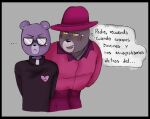  2023 anthro bear blush bottomwear brown_body clothing dialogue duo eyewear glasses hat headgear headwear hi_res mammal padre_(unicorn_wars) pants purple_body sargento_caricias shirt spanish_text text topwear unicorn_wars zadscat 