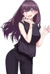  1girl black_pants black_shirt blush earrings highres ichiki_1 jewelry long_hair looking_at_viewer mole mole_under_eye original pants purple_eyes purple_hair purple_nails shirt single_earring sleeveless smile solo surprised sweatdrop 