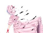  1girl bat_wings black_wings blue_hair feet_out_of_frame frilled_headwear frilled_shirt frilled_shirt_collar frilled_skirt frilled_sleeves frills from_behind hat highres hiyashi_mikan mob_cap pink_headwear pink_sailor_collar pink_shirt pink_skirt puffy_short_sleeves puffy_sleeves remilia_scarlet sailor_collar shirt short_hair short_sleeves simple_background skirt solo touhou white_background wings wrist_cuffs 